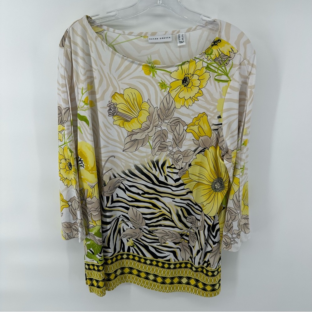 Susan Graver Liquid Knit Floral Yellow Black Cream Keyhole Shoulder Tunic Blouse